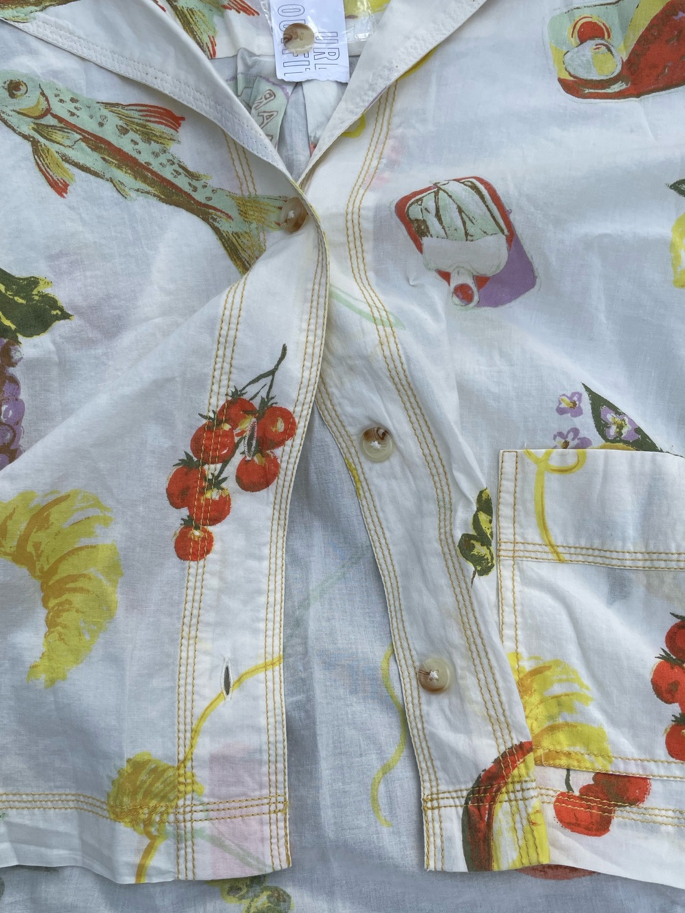 Kimchi Blue White Crop Button-Up Shirt with Colorful Fruit & Veggie Print - Picture 3 of 9